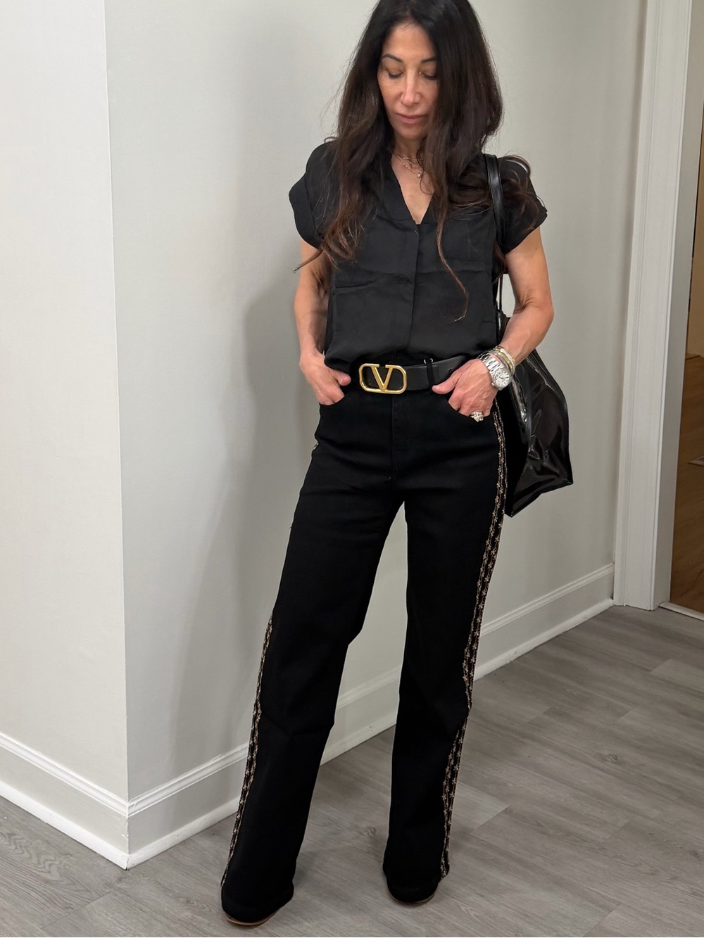 FROM PARIS FRANCE Black Wide Leg Pants with Gold-Trim Side Braid
